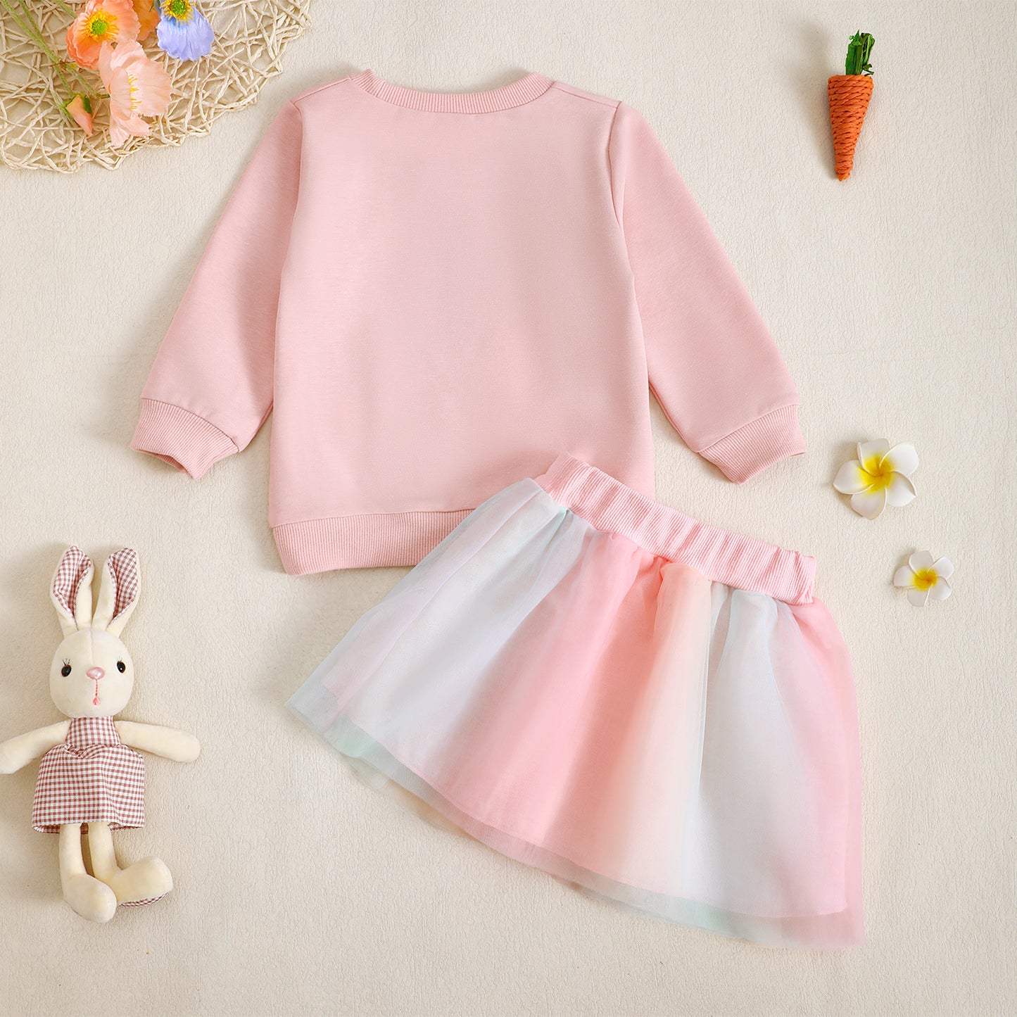 Osterhasen-Outfit für Babymädchen – Langarm-Sweatshirt mit Schleife und Karottendruck + Tüllrock-Set