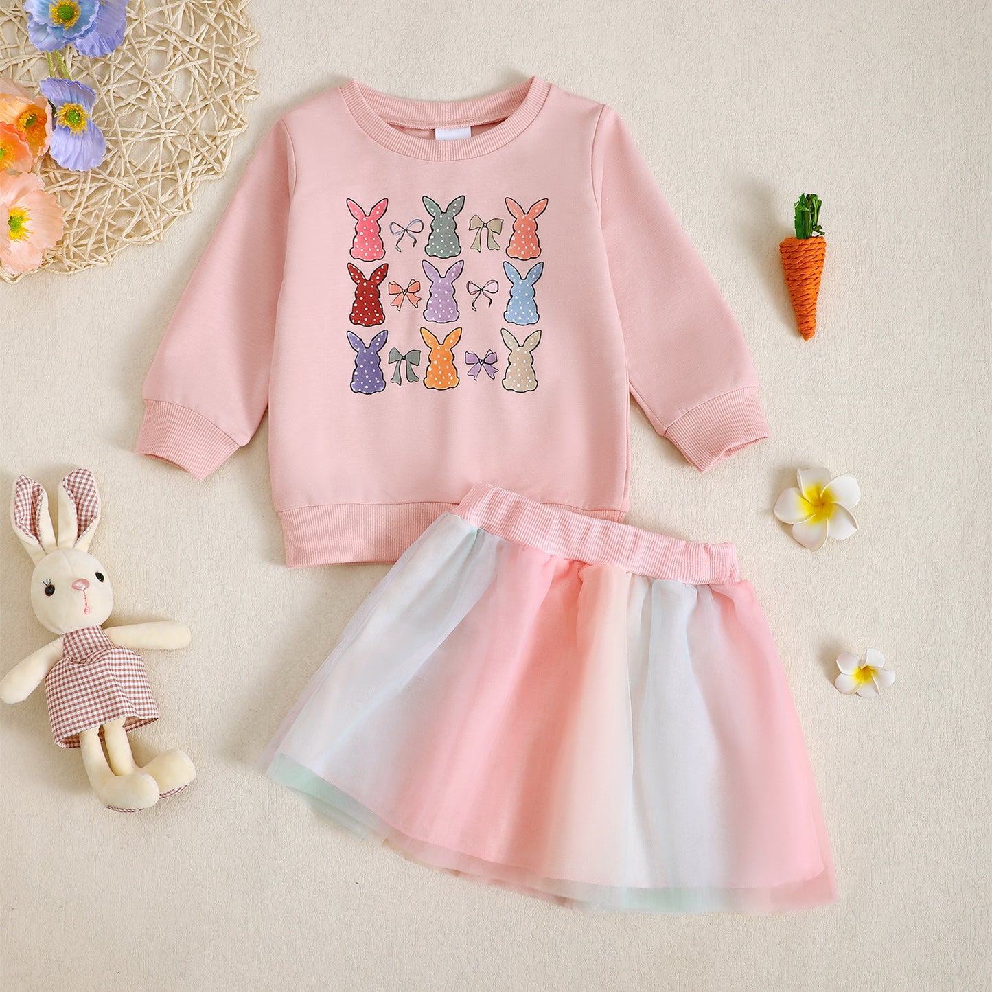 Osterhasen-Outfit für Babymädchen – Langarm-Sweatshirt mit Schleife und Karottendruck + Tüllrock-Set
