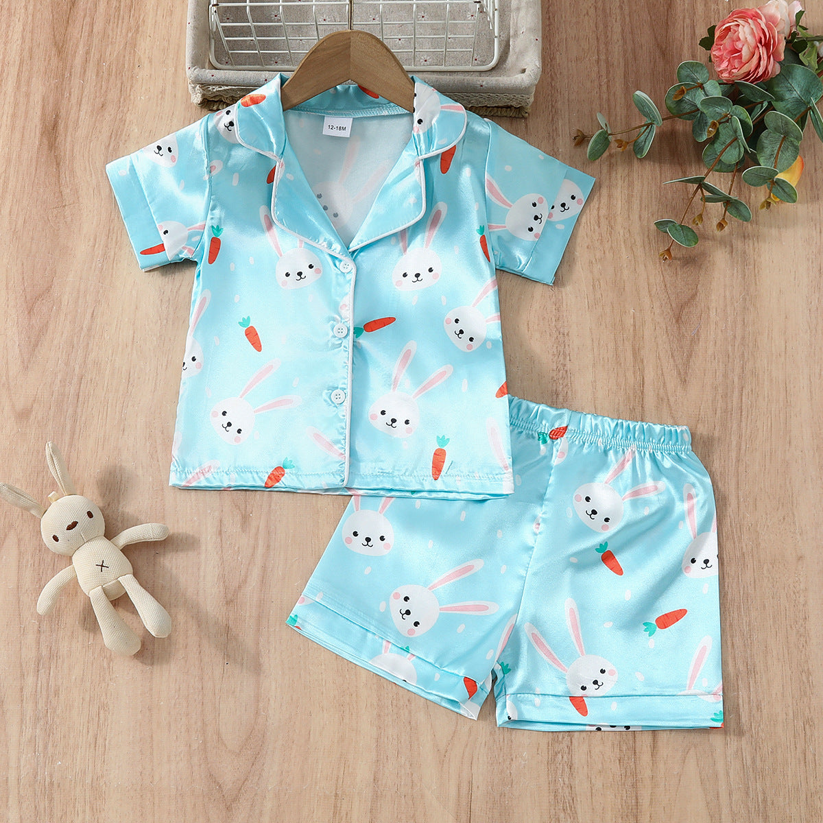 Osterhasen-Pyjama-Set für Kinder – Kurzärmlige Nachtwäsche mit Cartoon-Kaninchen-Aufdruck für Jungen und Mädchen