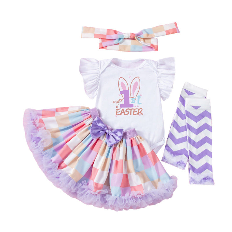4-teiliges Osterhasen-Set für Babys mit Flügelärmeln, Tutu-Rock, Socken und Stirnband