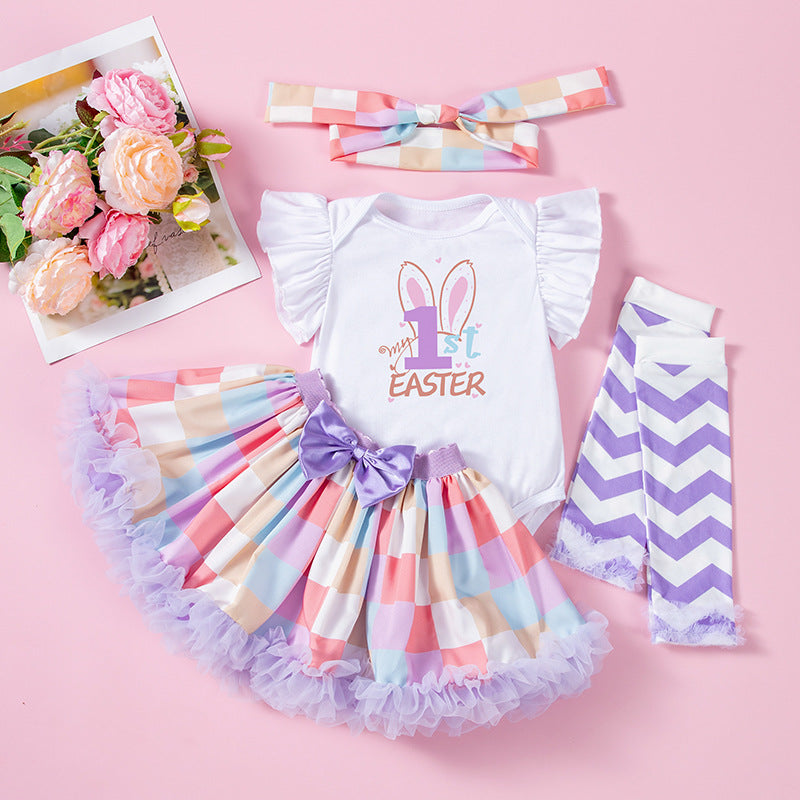 4-teiliges Osterhasen-Set für Babys mit Flügelärmeln, Tutu-Rock, Socken und Stirnband