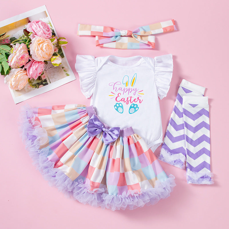 4-teiliges Osterhasen-Set für Babys mit Flügelärmeln, Tutu-Rock, Socken und Stirnband