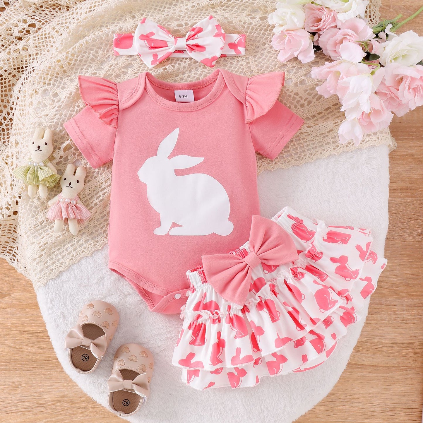 Baby-Set für Mädchen mit rosa Osterhasen-Print – Süßer Kurzarm-Strampler mit Schleife und Tüllrock