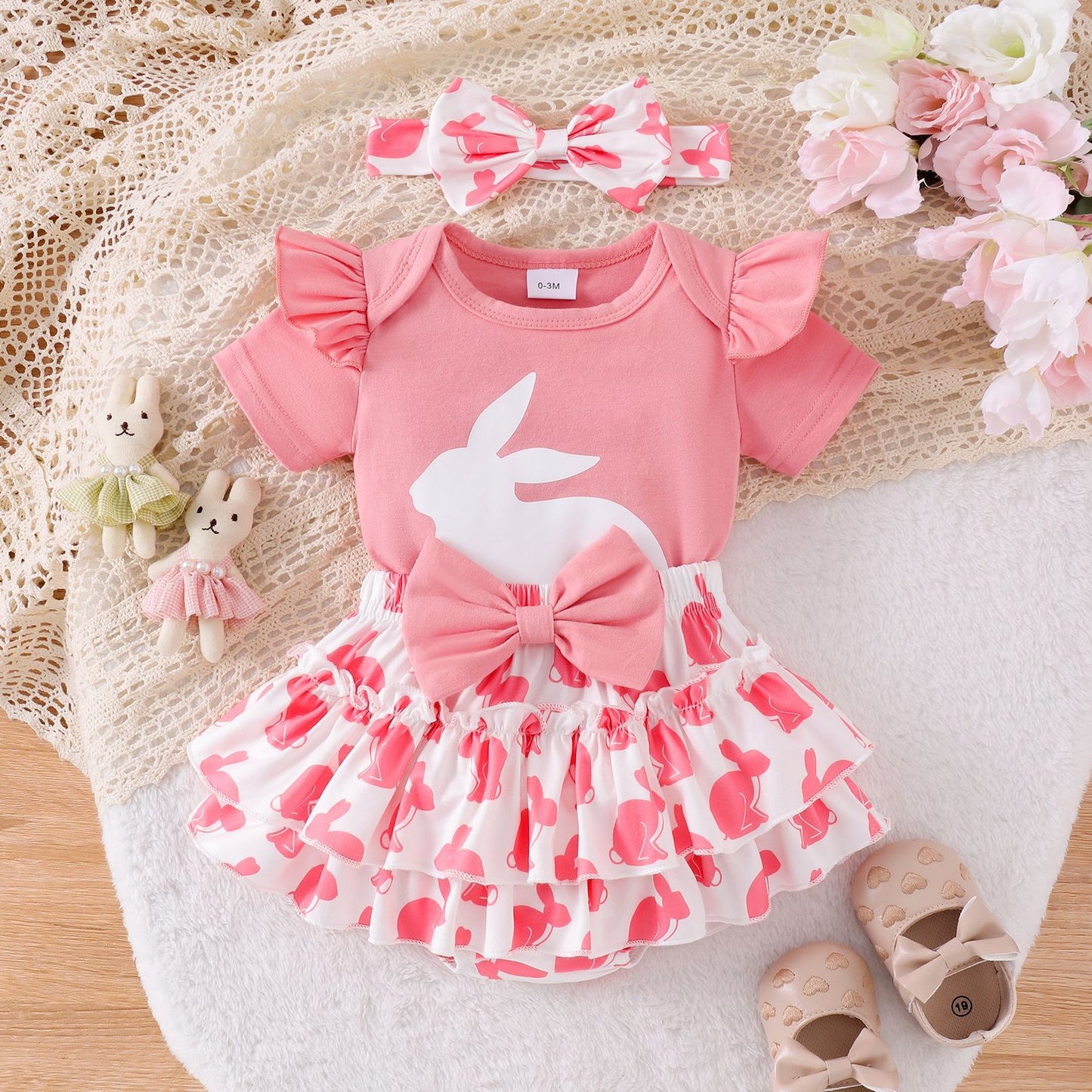 Baby-Set für Mädchen mit rosa Osterhasen-Print – Süßer Kurzarm-Strampler mit Schleife und Tüllrock