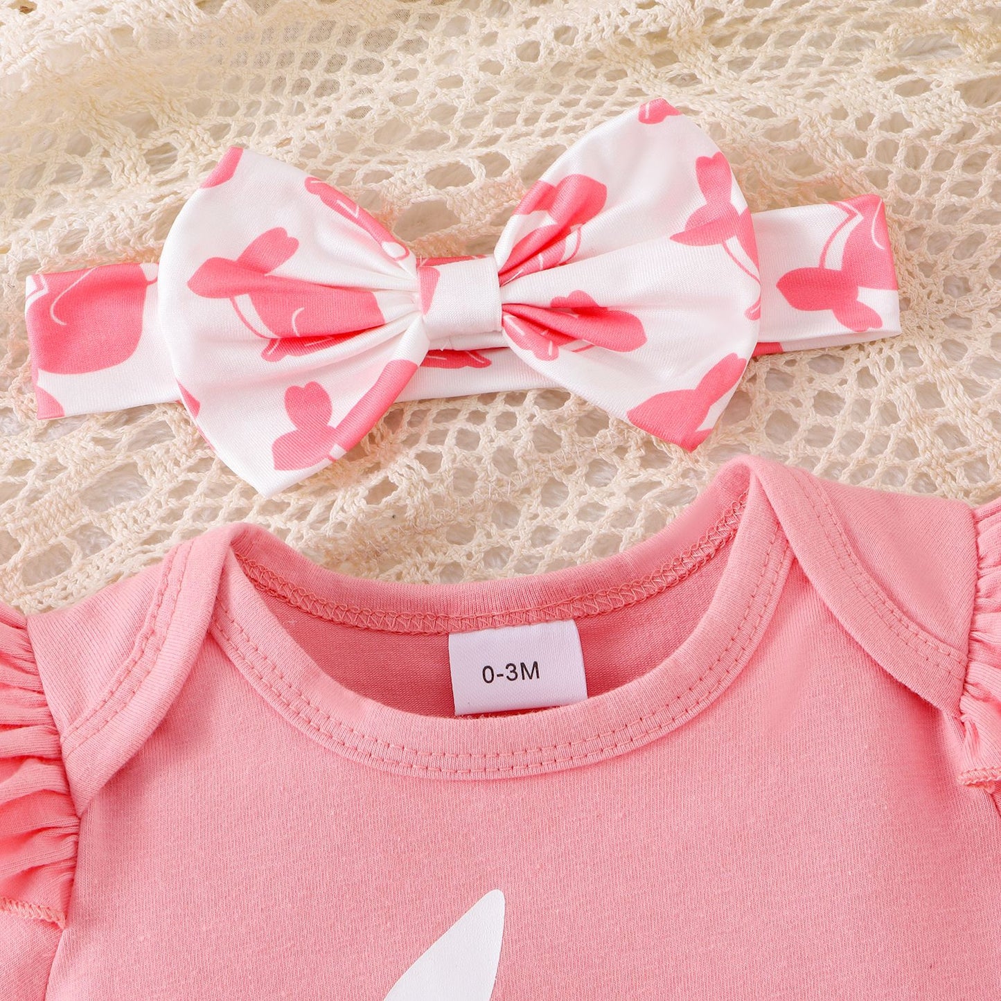 Baby-Set für Mädchen mit rosa Osterhasen-Print – Süßer Kurzarm-Strampler mit Schleife und Tüllrock