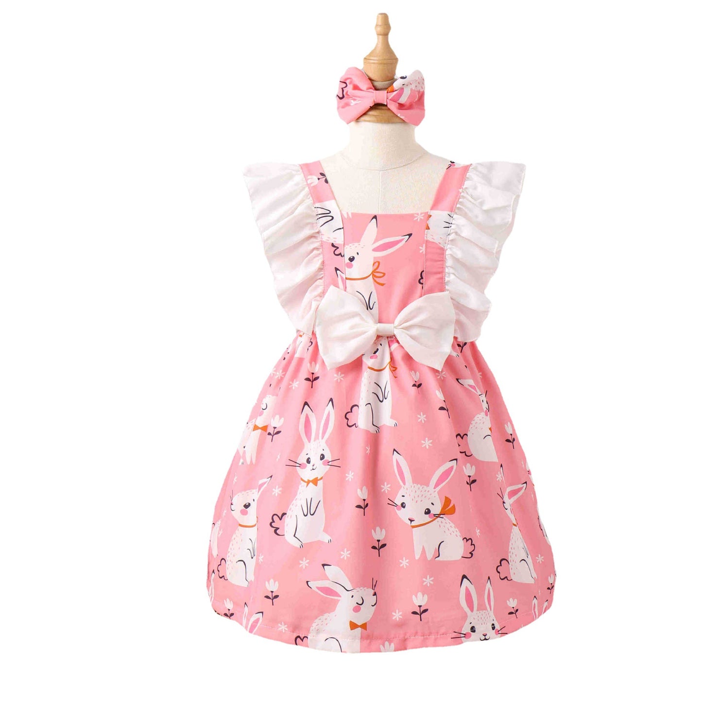 Entzückendes Osterhasen-Prinzessinnenkleid – Mädchen-Frühjahr/Sommer-Patchworkkleid mit Flatterärmeln und Schleifenakzent