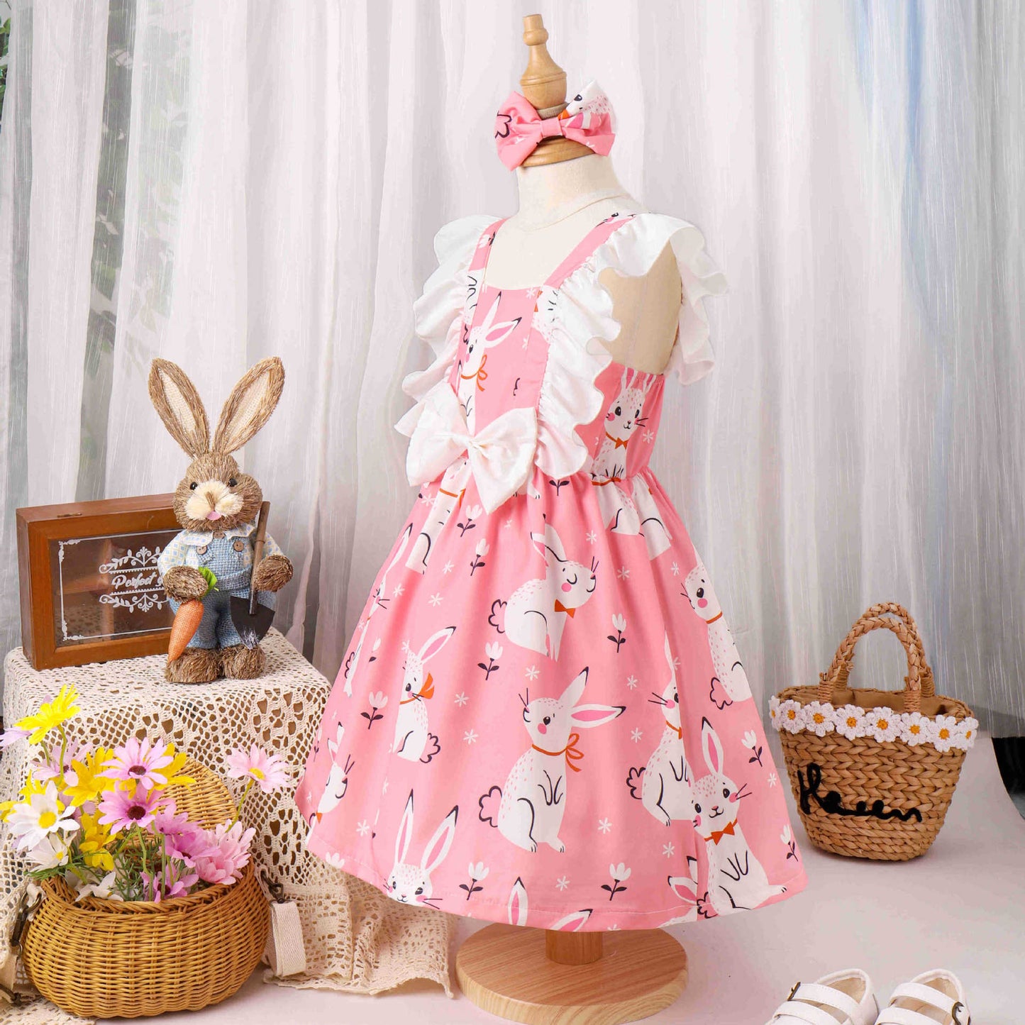 Entzückendes Osterhasen-Prinzessinnenkleid – Mädchen-Frühjahr/Sommer-Patchworkkleid mit Flatterärmeln und Schleifenakzent