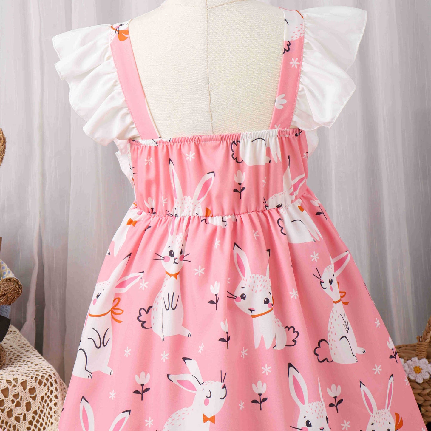 Entzückendes Osterhasen-Prinzessinnenkleid – Mädchen-Frühjahr/Sommer-Patchworkkleid mit Flatterärmeln und Schleifenakzent