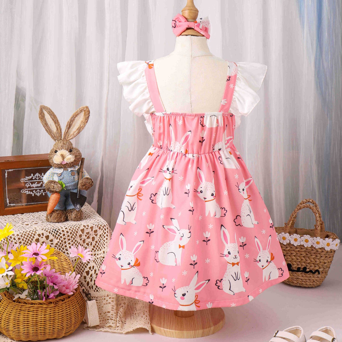 Entzückendes Osterhasen-Prinzessinnenkleid – Mädchen-Frühjahr/Sommer-Patchworkkleid mit Flatterärmeln und Schleifenakzent