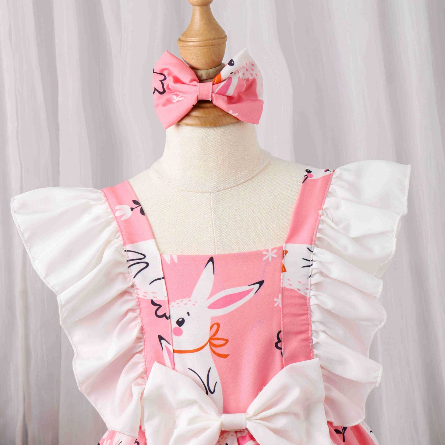 Entzückendes Osterhasen-Prinzessinnenkleid – Mädchen-Frühjahr/Sommer-Patchworkkleid mit Flatterärmeln und Schleifenakzent