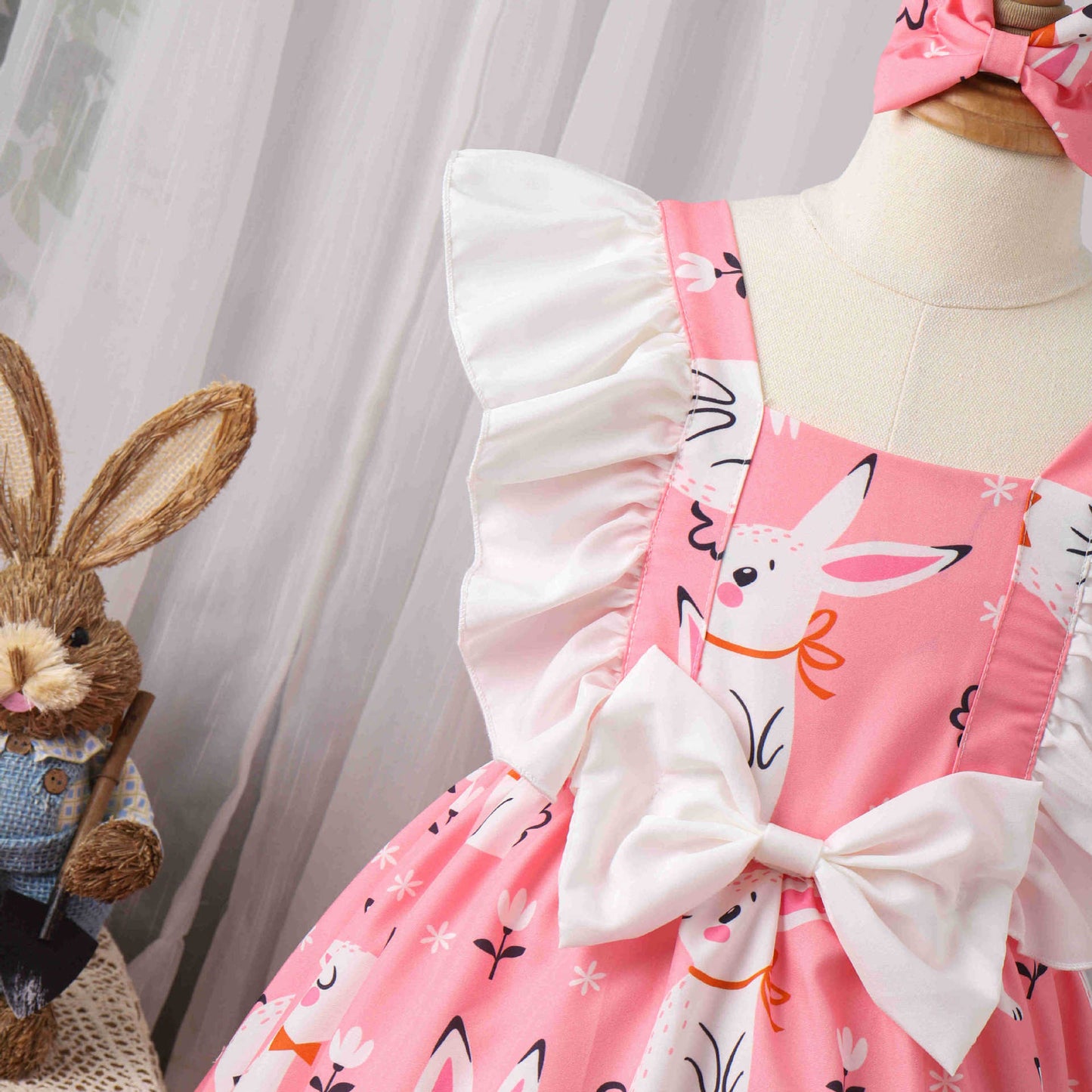 Entzückendes Osterhasen-Prinzessinnenkleid – Mädchen-Frühjahr/Sommer-Patchworkkleid mit Flatterärmeln und Schleifenakzent