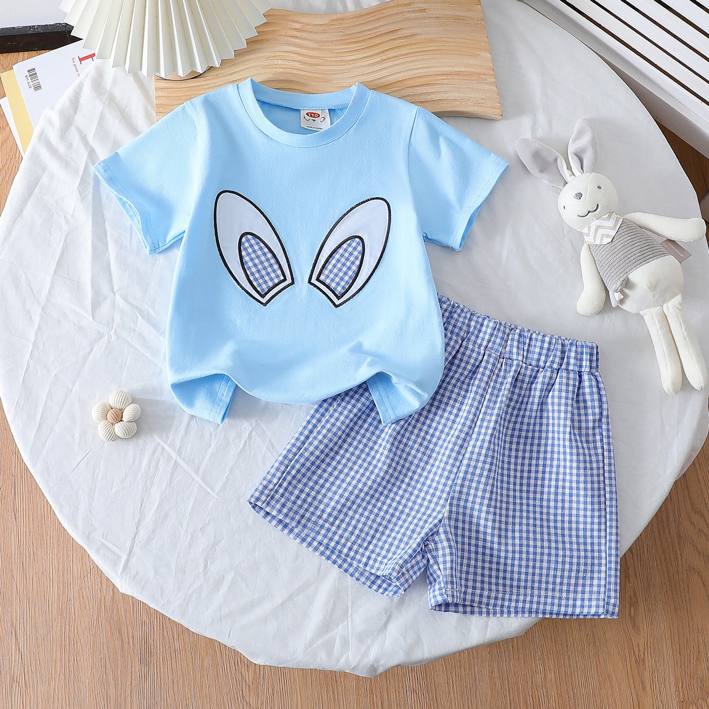 Easter Girls Summer Bunny Ears Top and Plaid Shorts Set