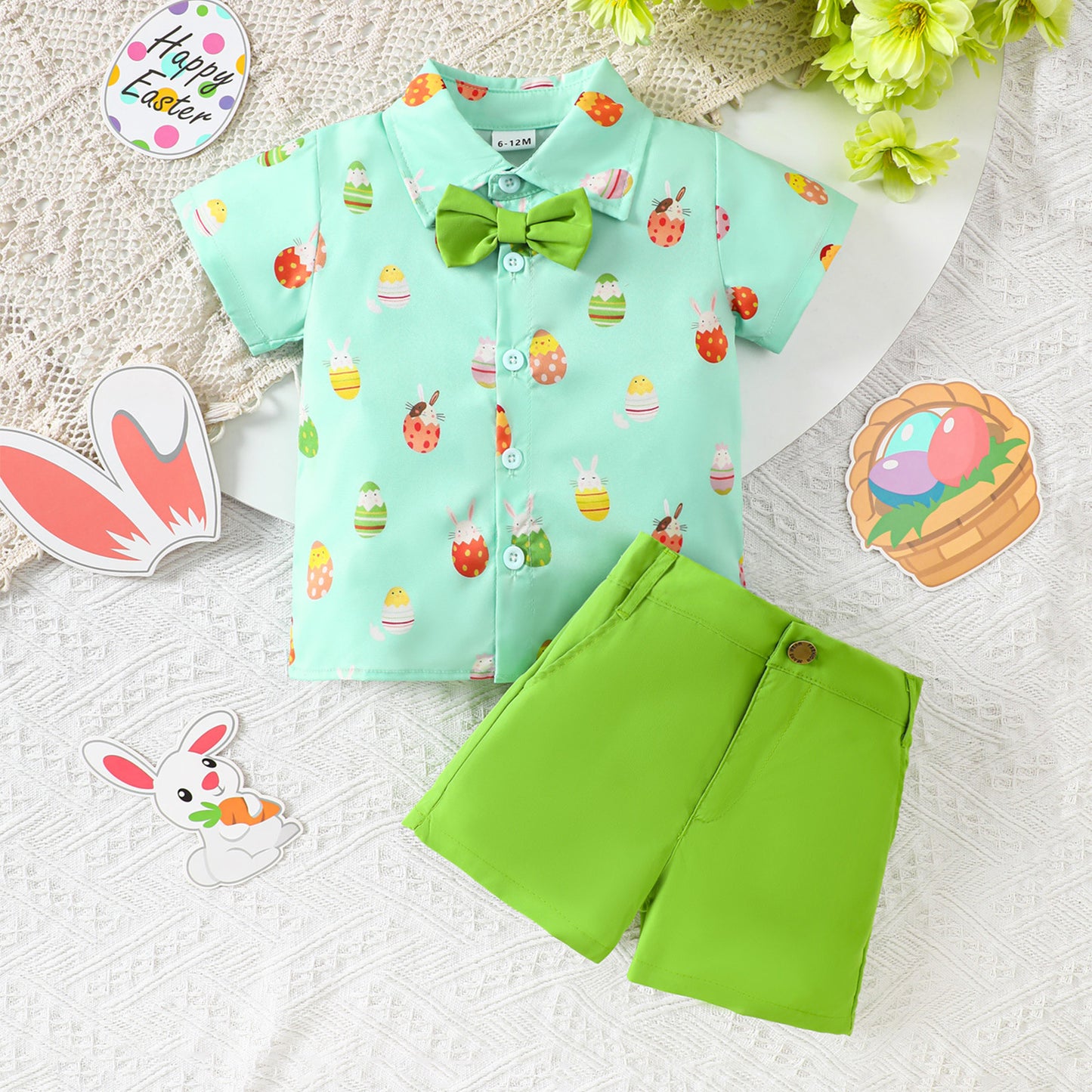 Baby-Jungen-Outfit mit Oster-Karotten-Print und Hemd und Shorts