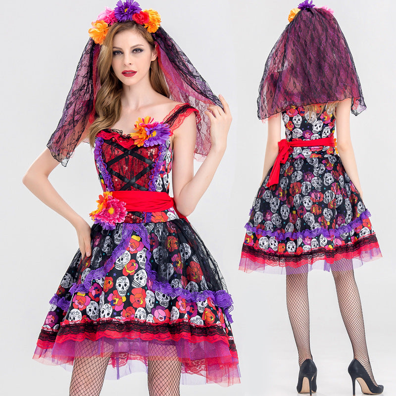 Sexy Zuckerschädel Blumenfee Halloween Geist Vampirbraut Kleid