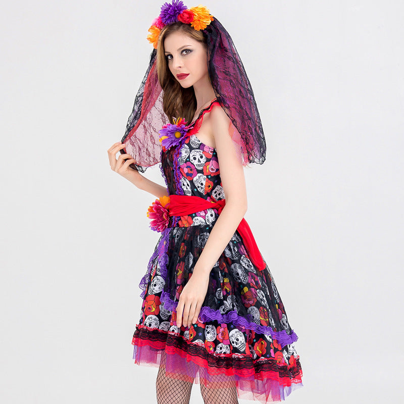 Sexy Zuckerschädel Blumenfee Halloween Geist Vampirbraut Kleid