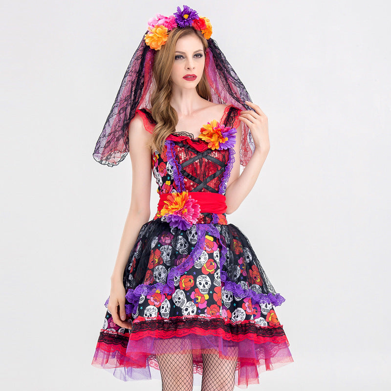 Sexy Zuckerschädel Blumenfee Halloween Geist Vampirbraut Kleid