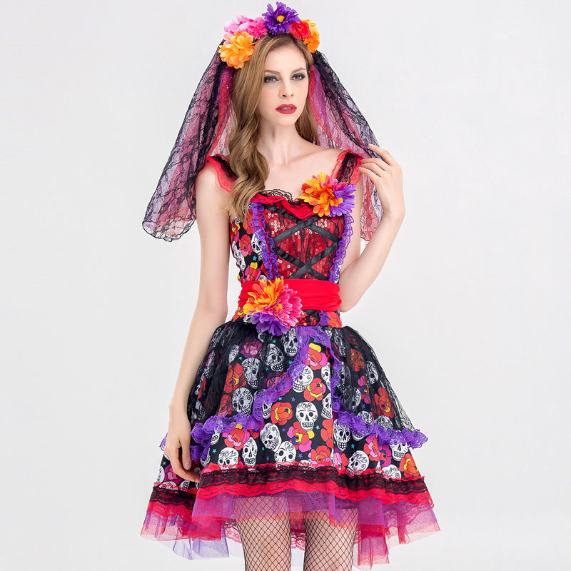 Sexy Zuckerschädel Blumenfee Halloween Geist Vampirbraut Kleid