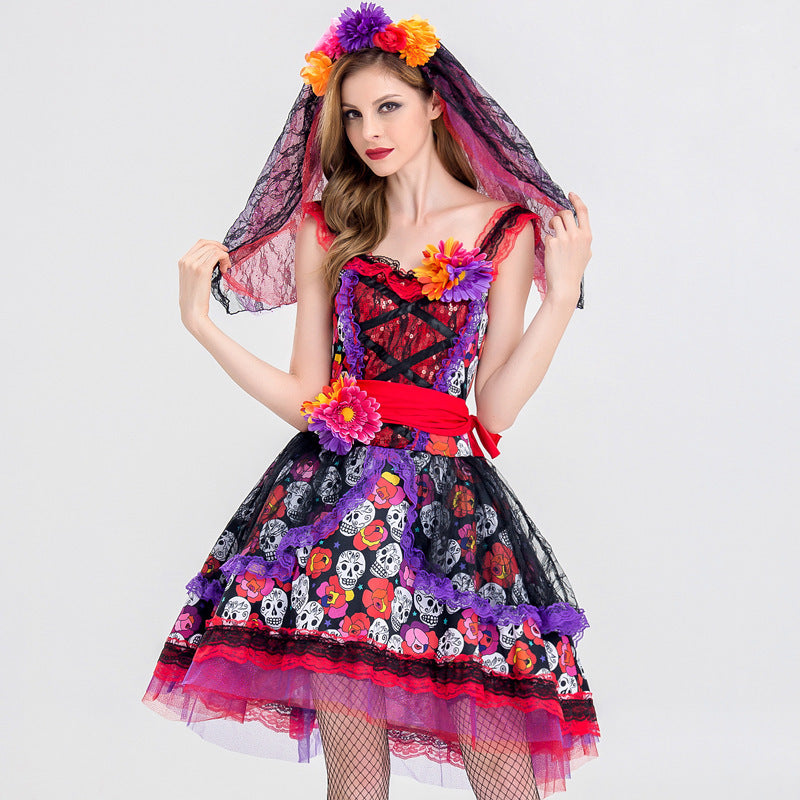 Sexy Zuckerschädel Blumenfee Halloween Geist Vampirbraut Kleid