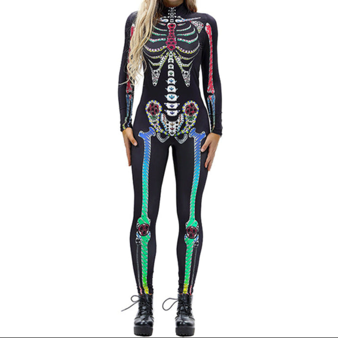 Damen Einteiliger figurbetonter Overall mit 3D-Skelett-Print für Halloween, Cosplay