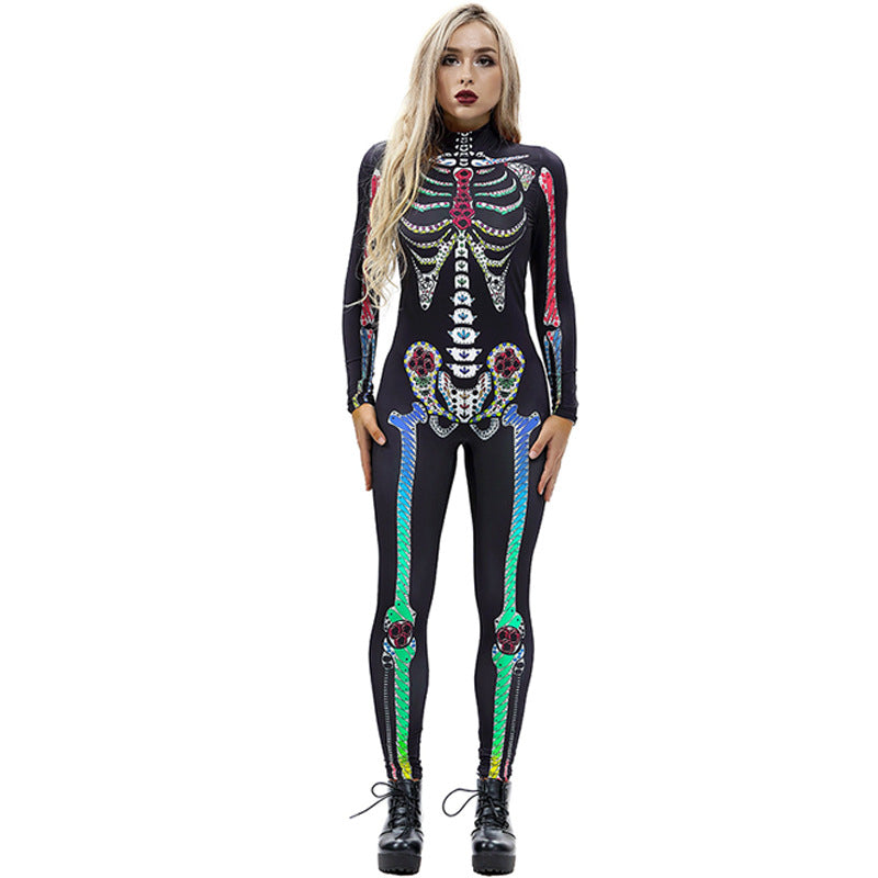 Damen Einteiliger figurbetonter Overall mit 3D-Skelett-Print für Halloween, Cosplay