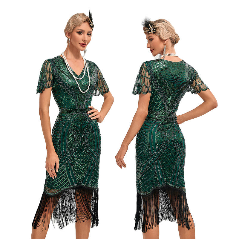 Flapper-Kleid für Damen im Stil der 1920er Jahre, V-Ausschnitt, mit Perlen und Fransen, Great Gatsby-Kleid