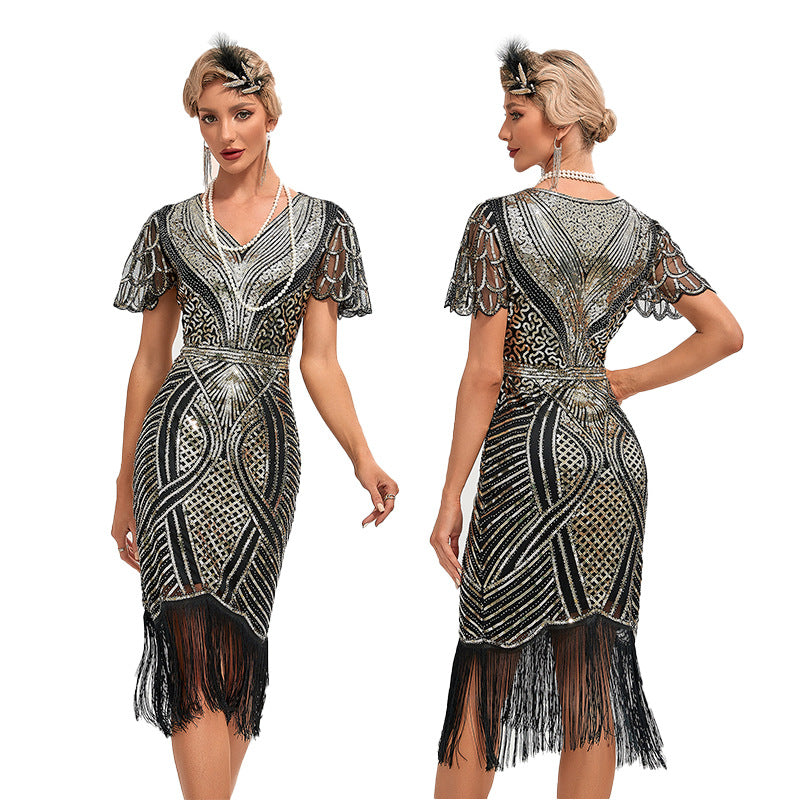 Flapper-Kleid für Damen im Stil der 1920er Jahre, V-Ausschnitt, mit Perlen und Fransen, Great Gatsby-Kleid