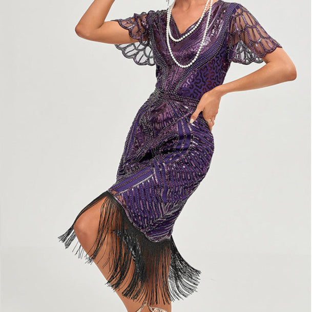 Flapper-Kleid für Damen im Stil der 1920er Jahre, V-Ausschnitt, mit Perlen und Fransen, Great Gatsby-Kleid