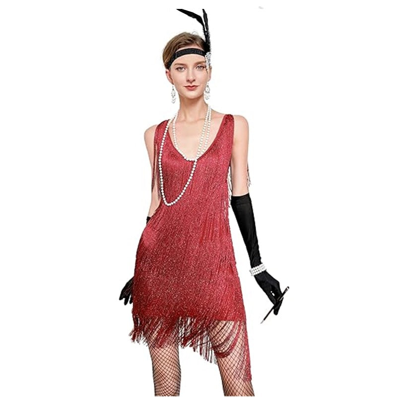 1920er Jahre Vintage Besticktes Quastenkleid V-Ausschnitt Perlen Fransen Great Gatsby Kleid