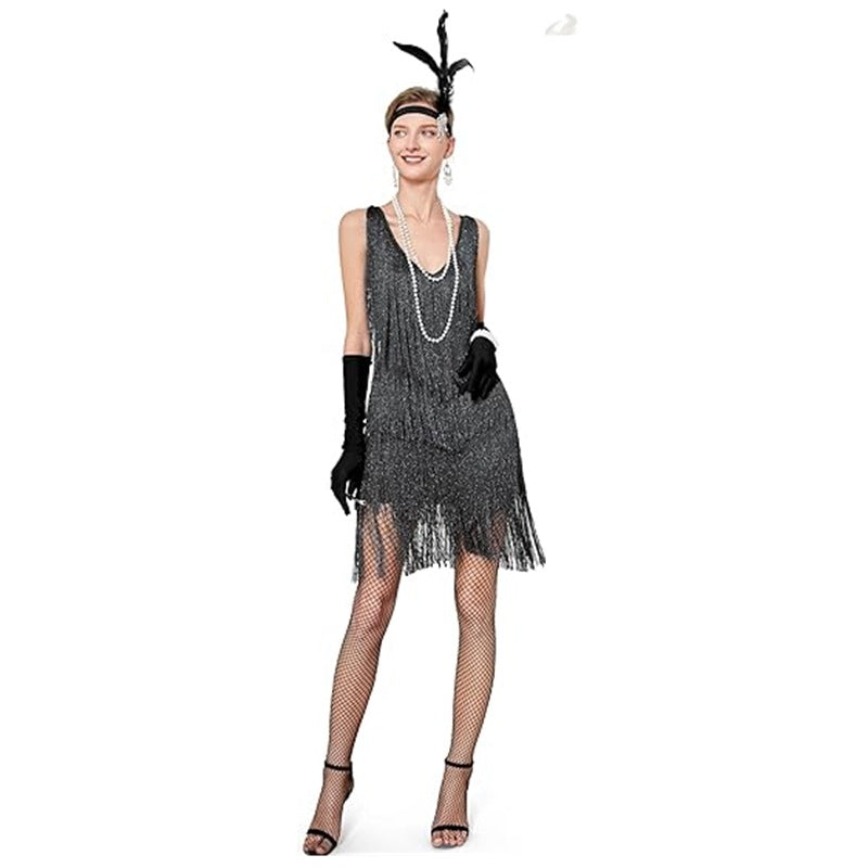 1920er Jahre Vintage Besticktes Quastenkleid V-Ausschnitt Perlen Fransen Great Gatsby Kleid