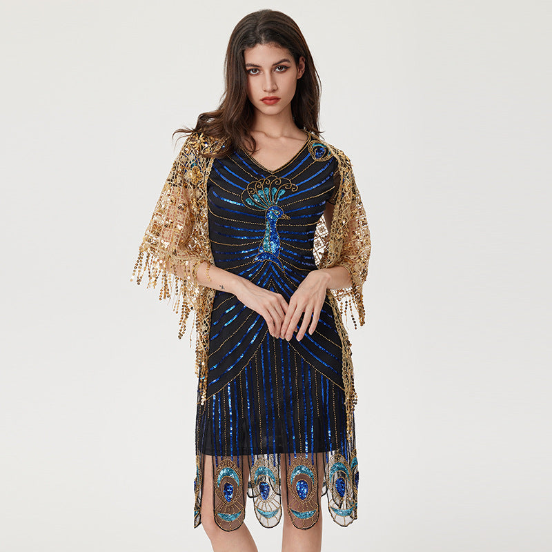 1920er Jahre Damen Pfau Pailletten Quaste Flapper Partykleider