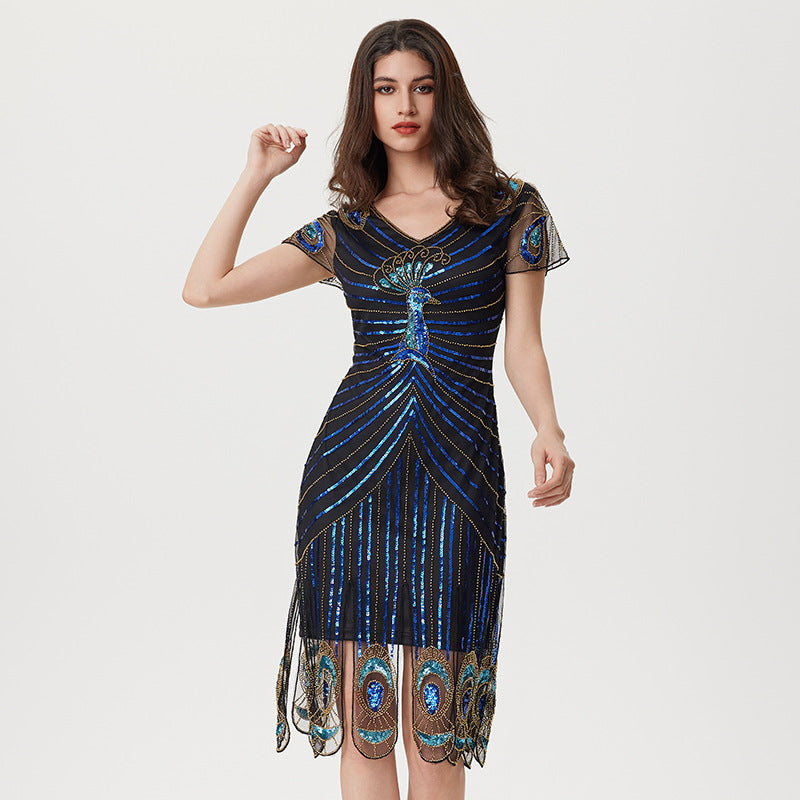 1920er Jahre Damen Pfau Pailletten Quaste Flapper Partykleider