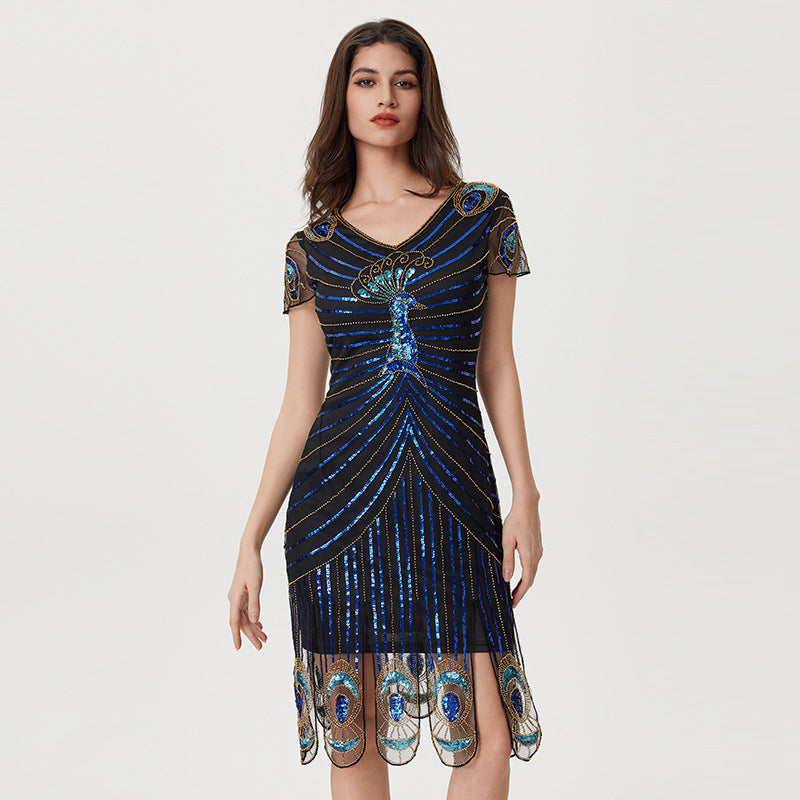 1920er Jahre Damen Pfau Pailletten Quaste Flapper Partykleider