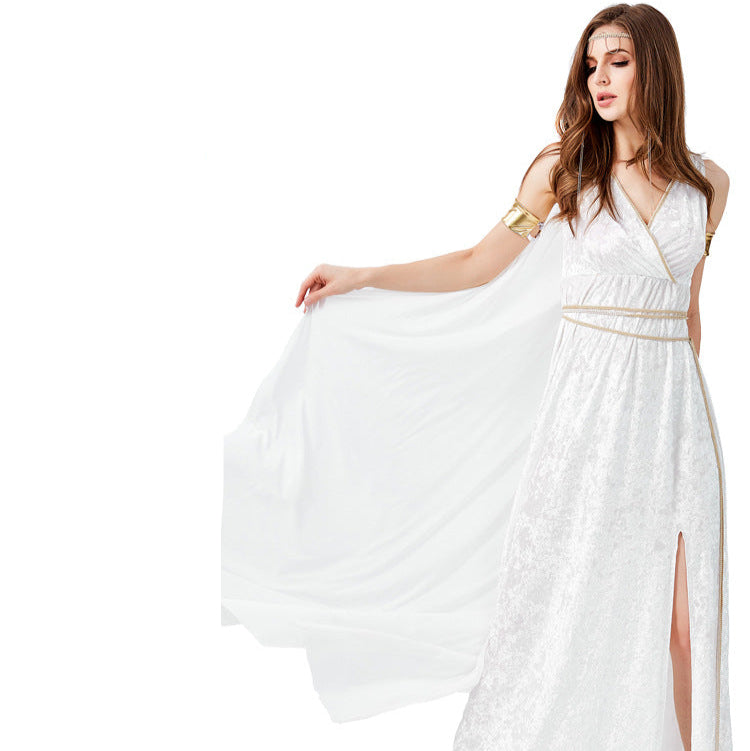 Ägyptisches Kleid im Stil der antiken griechischen Göttin der Mythologie mit hohem Schlitz für Damen