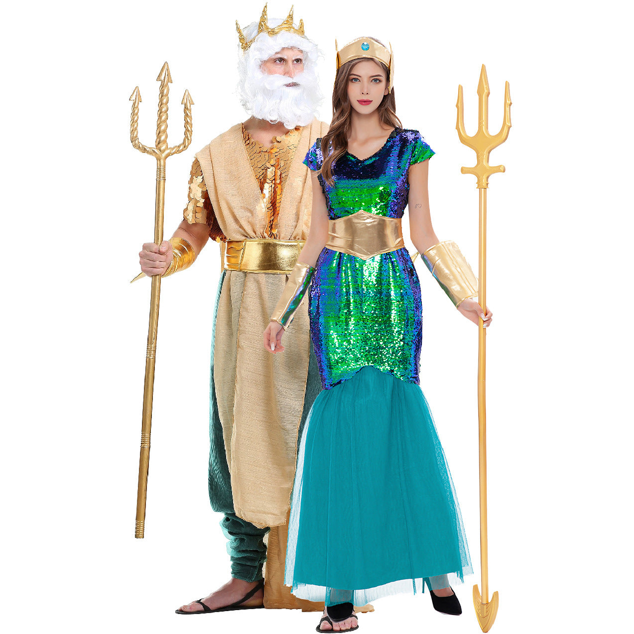 Neptune King Sea Siren Mermaid Queen Costume for Men and Women