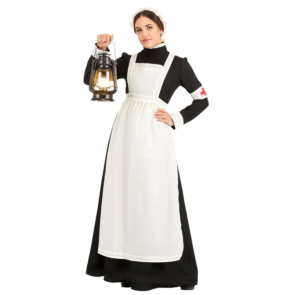 Historisches viktorianisches Kriegskrankenschwester-Halloweenkostüm für Damen mit Schürze und Hut