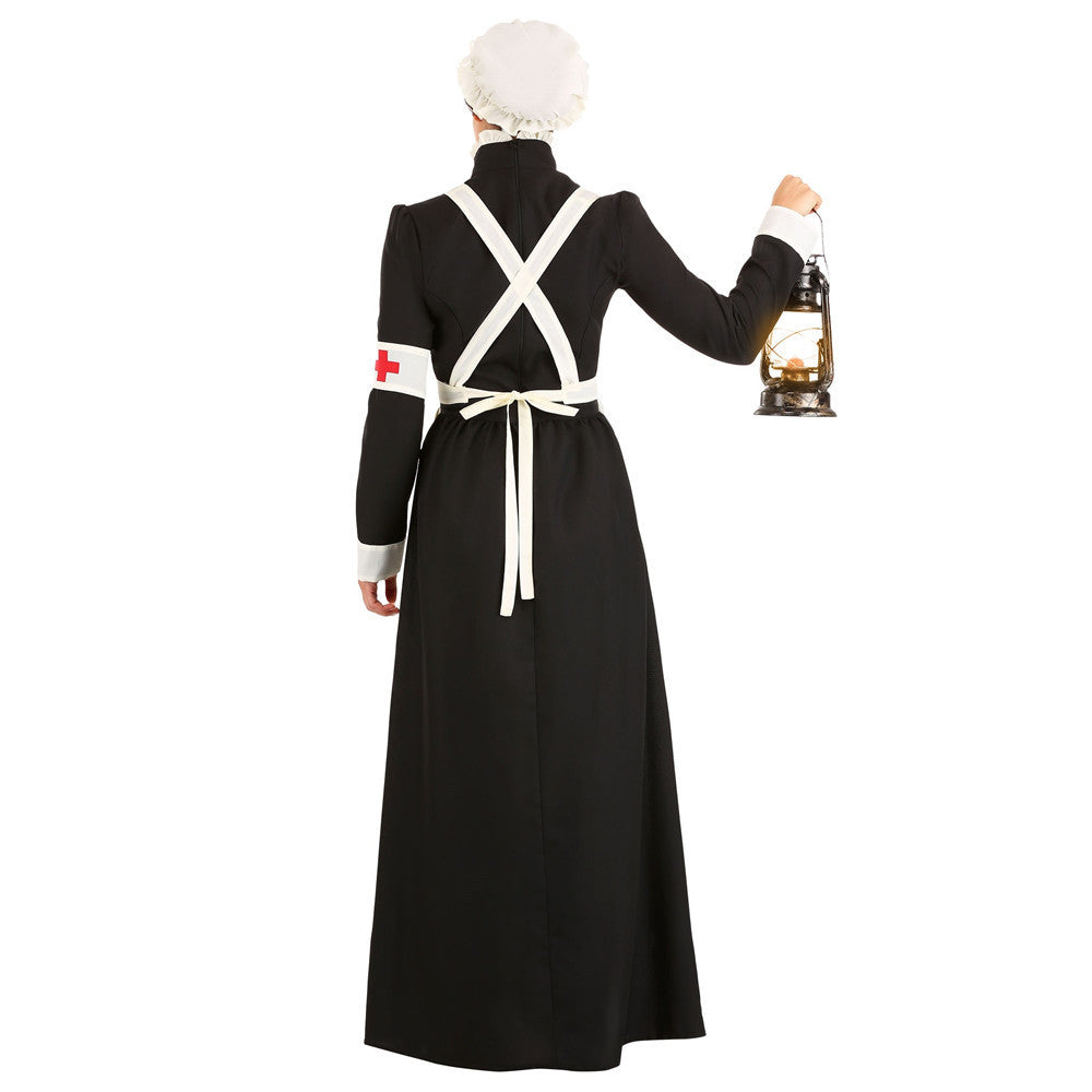 Historisches viktorianisches Kriegskrankenschwester-Halloweenkostüm für Damen mit Schürze und Hut