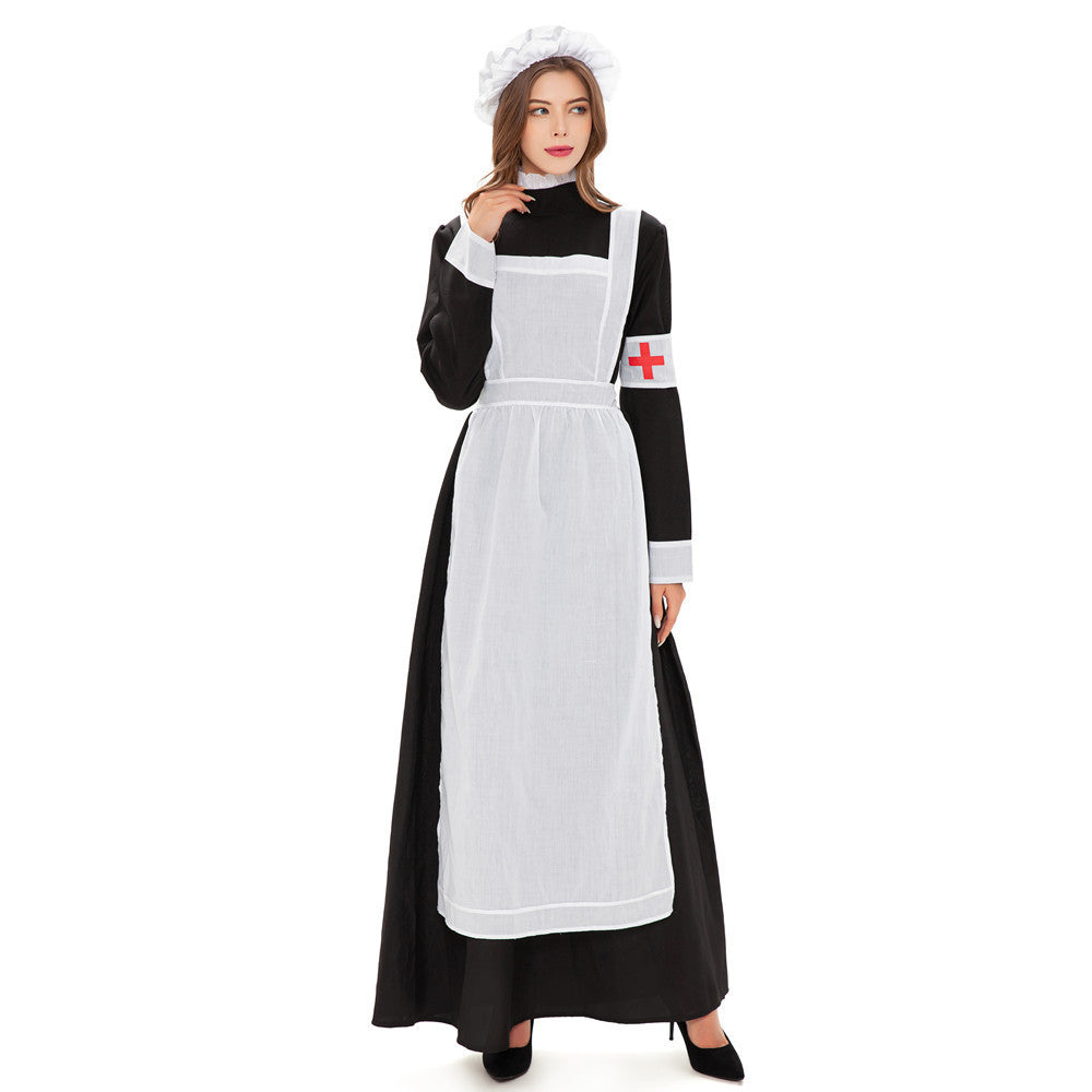 Historisches viktorianisches Kriegskrankenschwester-Halloweenkostüm für Damen mit Schürze und Hut