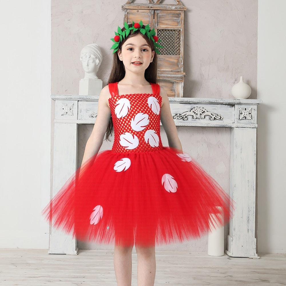 Mädchen Sommer Hawaiian Rotes Tutu Kleid mit Tropischem Farnblatt Stirnband Geburtstagsparty Geschenke