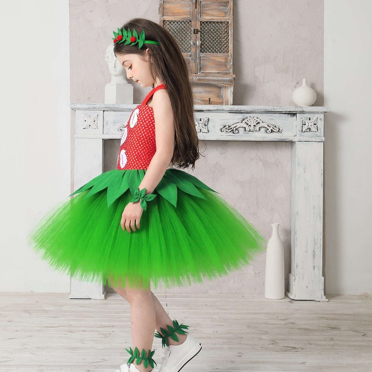 Girls Summer Hawaiian Red Green Tutu Dress with Tropical Fern Leaf Headband