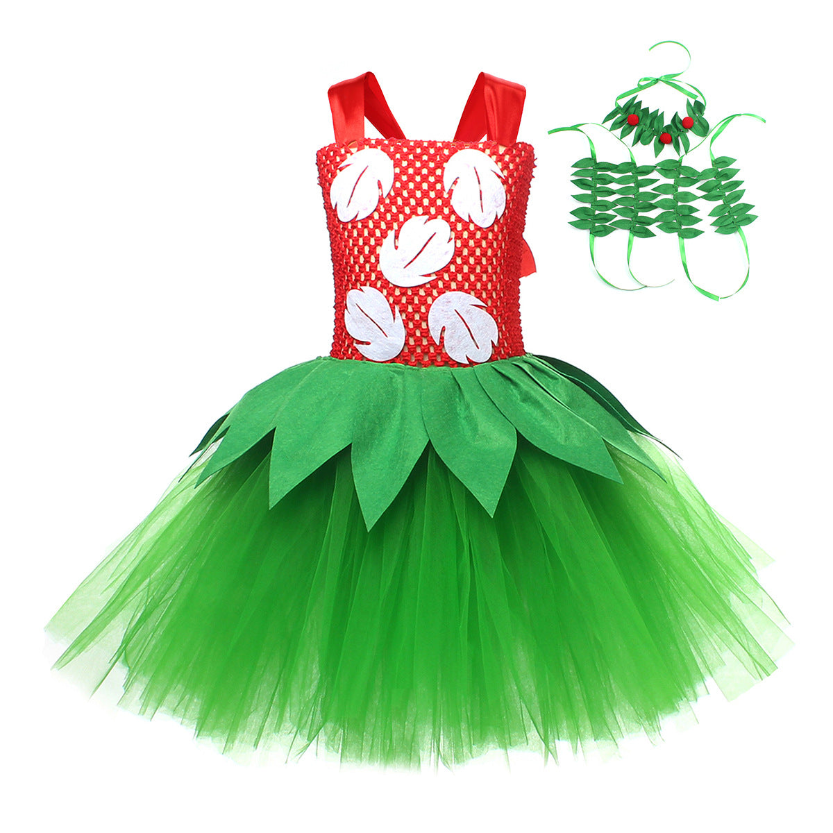 Girls Summer Hawaiian Red Green Tutu Dress with Tropical Fern Leaf Headband
