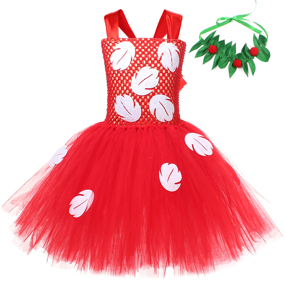 Mädchen Sommer Hawaiian Rotes Tutu Kleid mit Tropischem Farnblatt Stirnband Geburtstagsparty Geschenke