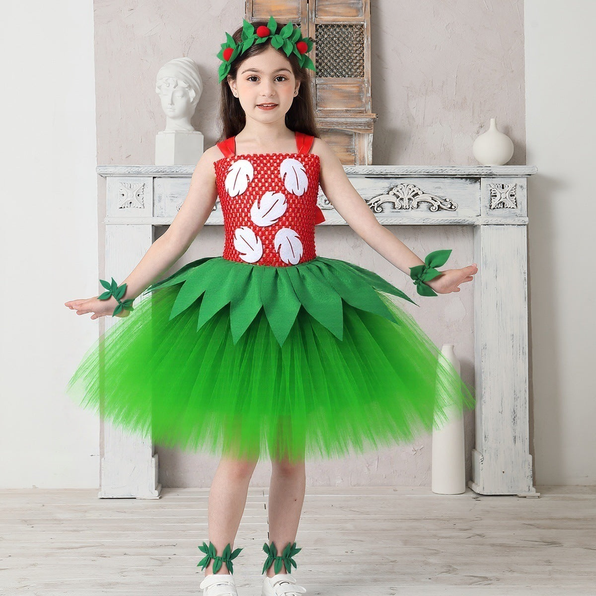 Girls Summer Hawaiian Red Green Tutu Dress with Tropical Fern Leaf Headband