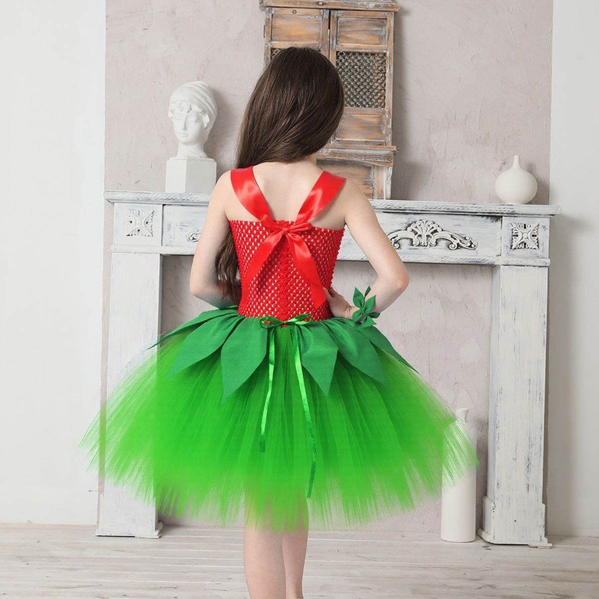 Girls Summer Hawaiian Red Green Tutu Dress with Tropical Fern Leaf Headband
