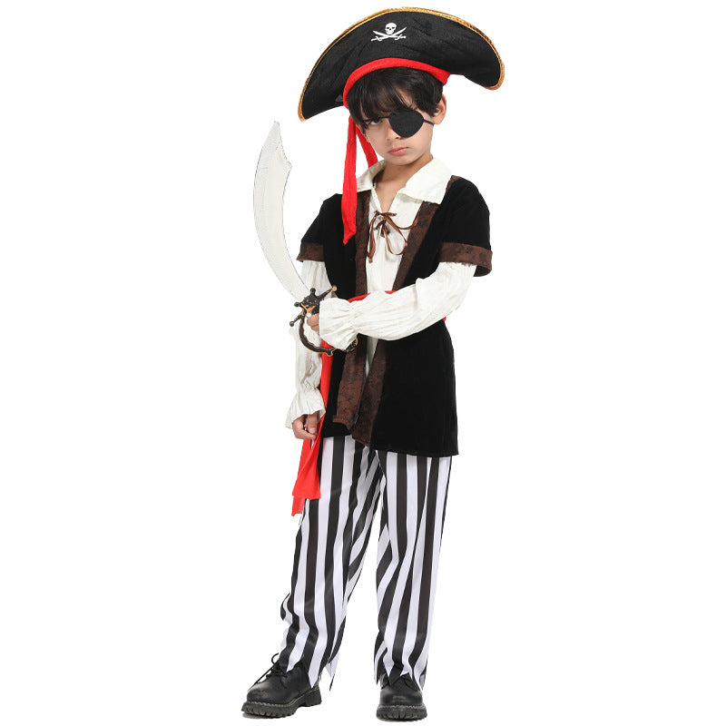 Boys Pirate Captain Costume Suit for Kids with Hat and Eye Patch Stage Performance Carnival Theme Party Cosplay Dress Up
