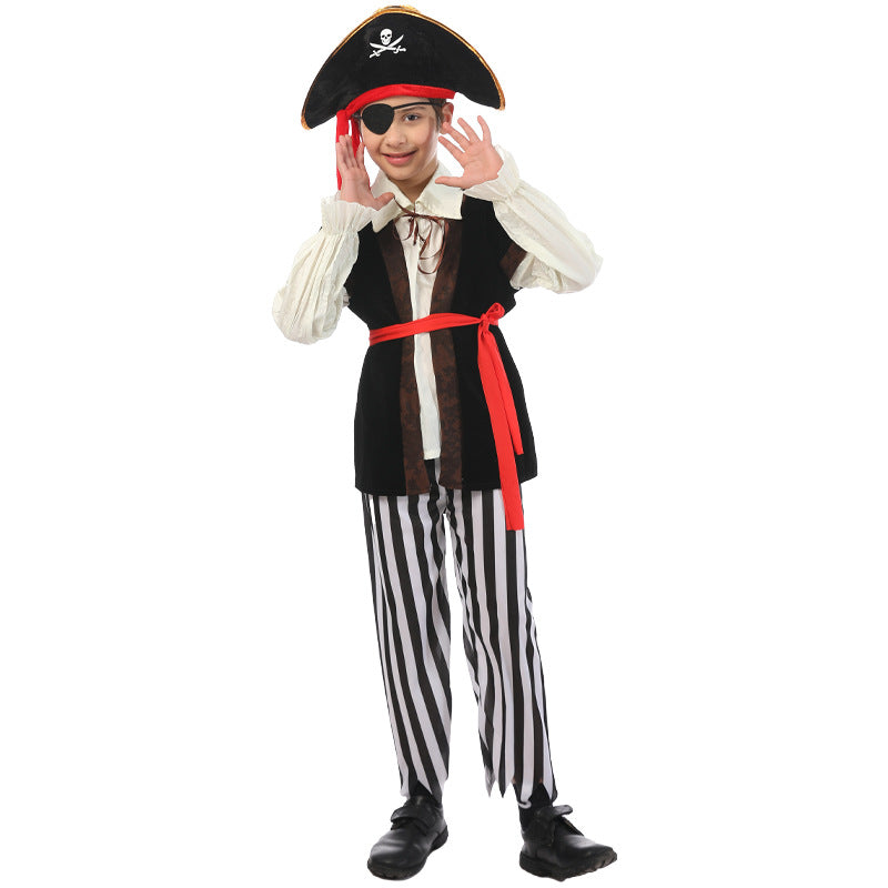 Boys Pirate Captain Costume Suit for Kids with Hat and Eye Patch Stage Performance Carnival Theme Party Cosplay Dress Up