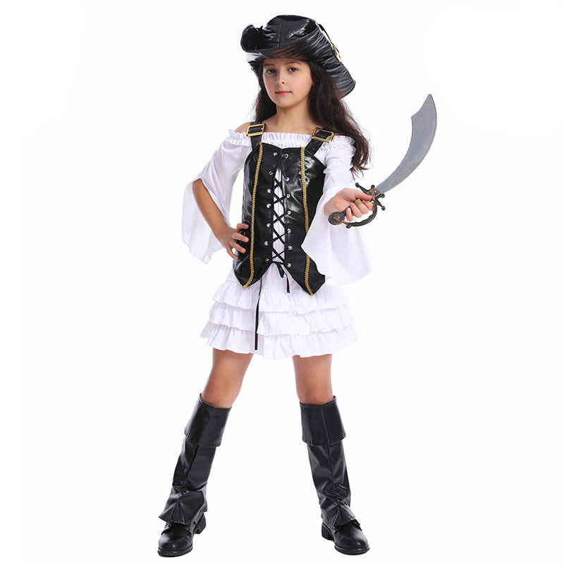 Girls Pirate Cosplay Costume Set with Hat and Dress for Halloween Dress Party