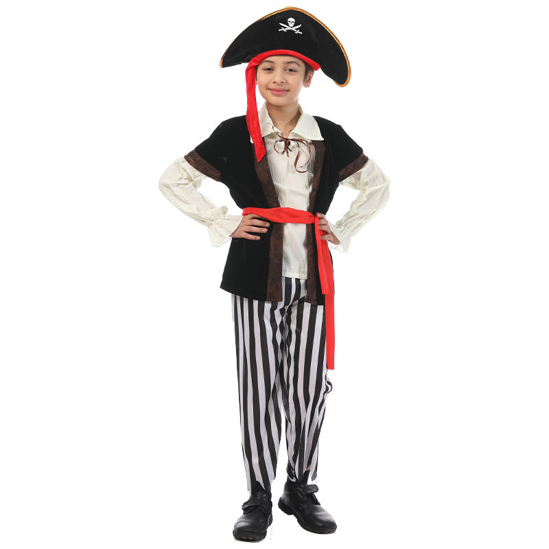 Boys Pirate Captain Costume Suit for Kids with Hat and Eye Patch Stage Performance Carnival Theme Party Cosplay Dress Up