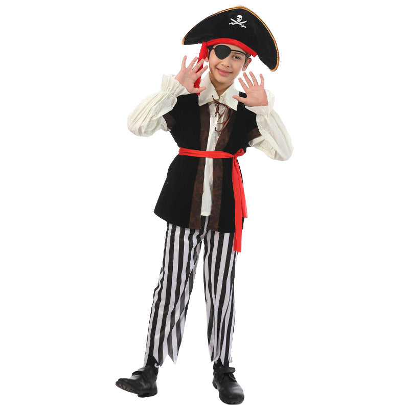 Boys Pirate Captain Costume Suit for Kids with Hat and Eye Patch Stage Performance Carnival Theme Party Cosplay Dress Up