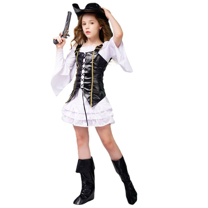Girls Pirate Cosplay Costume Set with Hat and Dress for Halloween Dress Party
