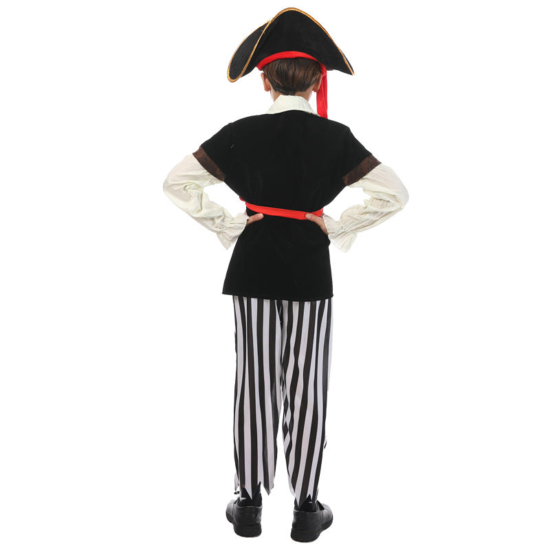 Boys Pirate Captain Costume Suit for Kids with Hat and Eye Patch Stage Performance Carnival Theme Party Cosplay Dress Up